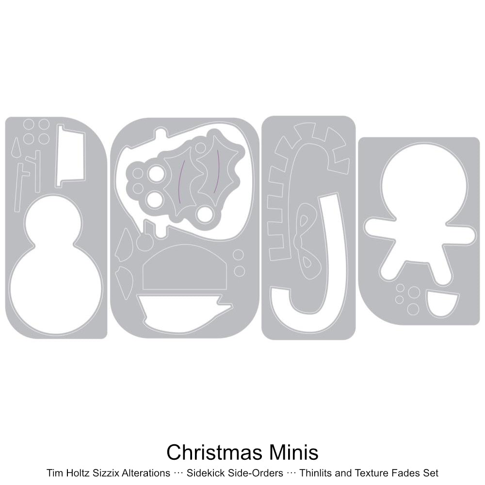 Christmas Minis - Sidekick SideOrder Set ... by Tim Holtz, made by Sizzix - Thinlits Die Cutting Templates and Texture Fades Embossing Folder for use in mixed media, planners, journaling, cardmaking, scrapbooking and papercrafts (no.666863). Set includes 5 (five) dies, 1 embossing folder. Add these wonderful and versatile designs of Santa's face, snowman, holly with berries, smiley gingerbread man and candycane to your artwork. The templates.