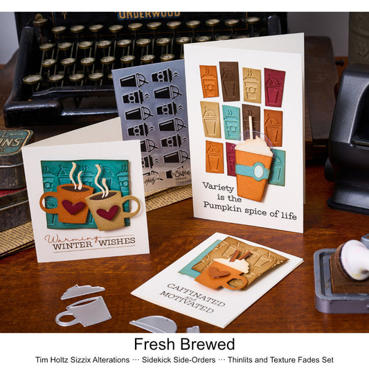 Fresh Brewed - Sidekick SideOrder Set ... by Tim Holtz, made by Sizzix - Thinlits Die Cutting Templates and Texture Fades Embossing Folder for use in mixed media, planners, journaling, cardmaking, scrapbooking and papercrafts (no.666862). Set includes 11 (eleven) dies, 1 embossing folder. Add these wonderful and versatile designs of coffee and tea cups in takeaway and home brewed variety along with the 3D folder of cups with domes and lids plus steam to emboss. Examples.