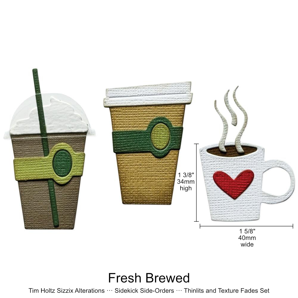 Fresh Brewed - Sidekick SideOrder Set ... by Tim Holtz, made by Sizzix - Thinlits Die Cutting Templates and Texture Fades Embossing Folder for use in mixed media, planners, journaling, cardmaking, scrapbooking and papercrafts (no.666862). Set includes 11 (eleven) dies, 1 embossing folder. Add these wonderful and versatile designs of coffee and tea cups in takeaway and home brewed variety along with the 3D folder of cups with domes and lids plus steam to emboss. Dimensions.