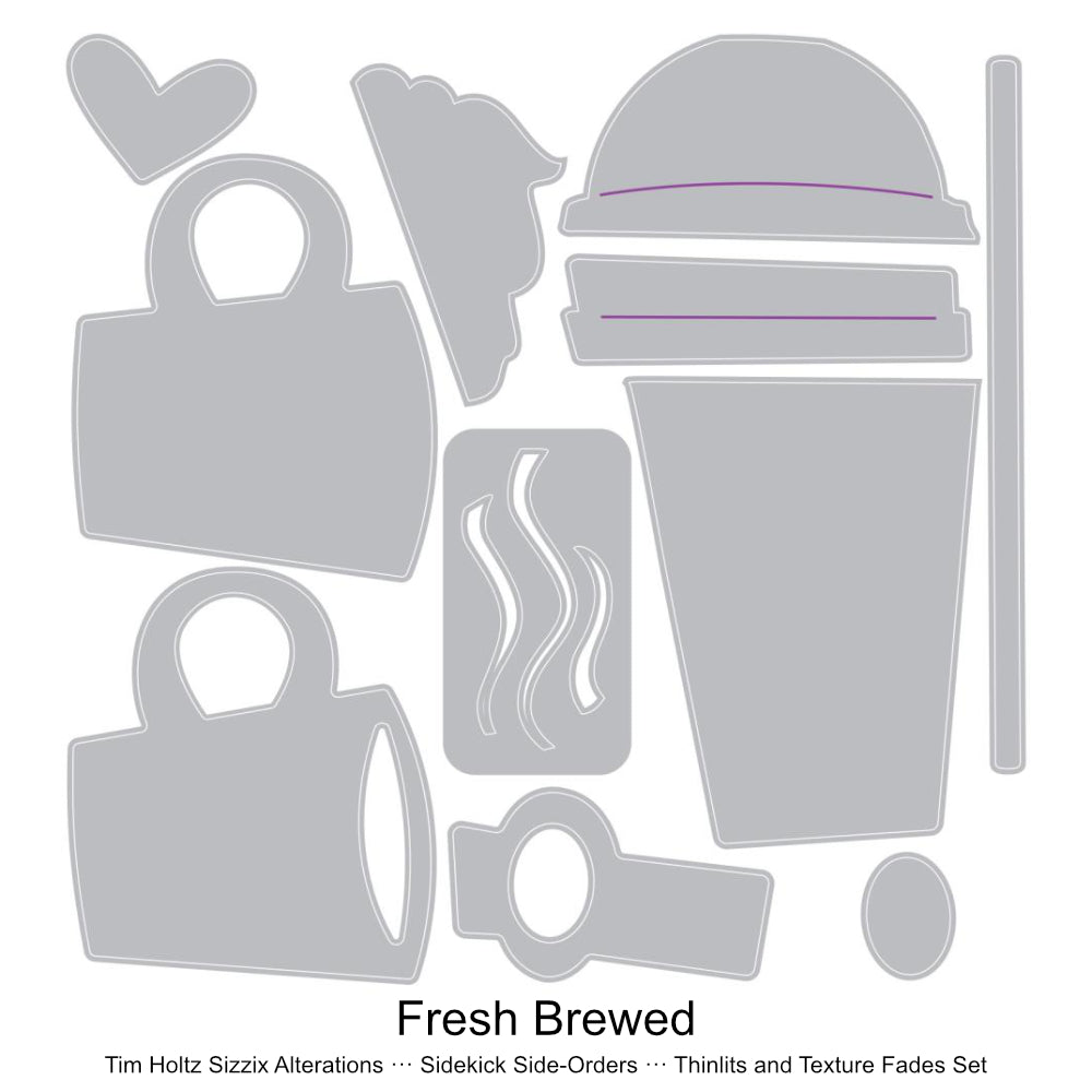 Fresh Brewed - Sidekick SideOrder Set ... by Tim Holtz, made by Sizzix - Thinlits Die Cutting Templates and Texture Fades Embossing Folder for use in mixed media, planners, journaling, cardmaking, scrapbooking and papercrafts (no.666862). Set includes 11 (eleven) dies, 1 embossing folder. Add these wonderful and versatile designs of coffee and tea cups in takeaway and home brewed variety along with the 3D folder of cups with domes and lids plus steam to emboss. The Templates.