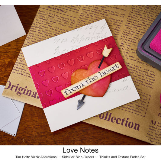 Love Notes - Sidekick SideOrder Set ... by Tim Holtz, made by Sizzix - Thinlits Die Cutting Templates and Texture Fades Embossing Folder for use in mixed media, planners, journaling, cardmaking, scrapbooking and papercrafts (no.666860). Set includes 8 (eight) dies, 1 embossing folder. Image is of the example made by the creative team at Sizzix.