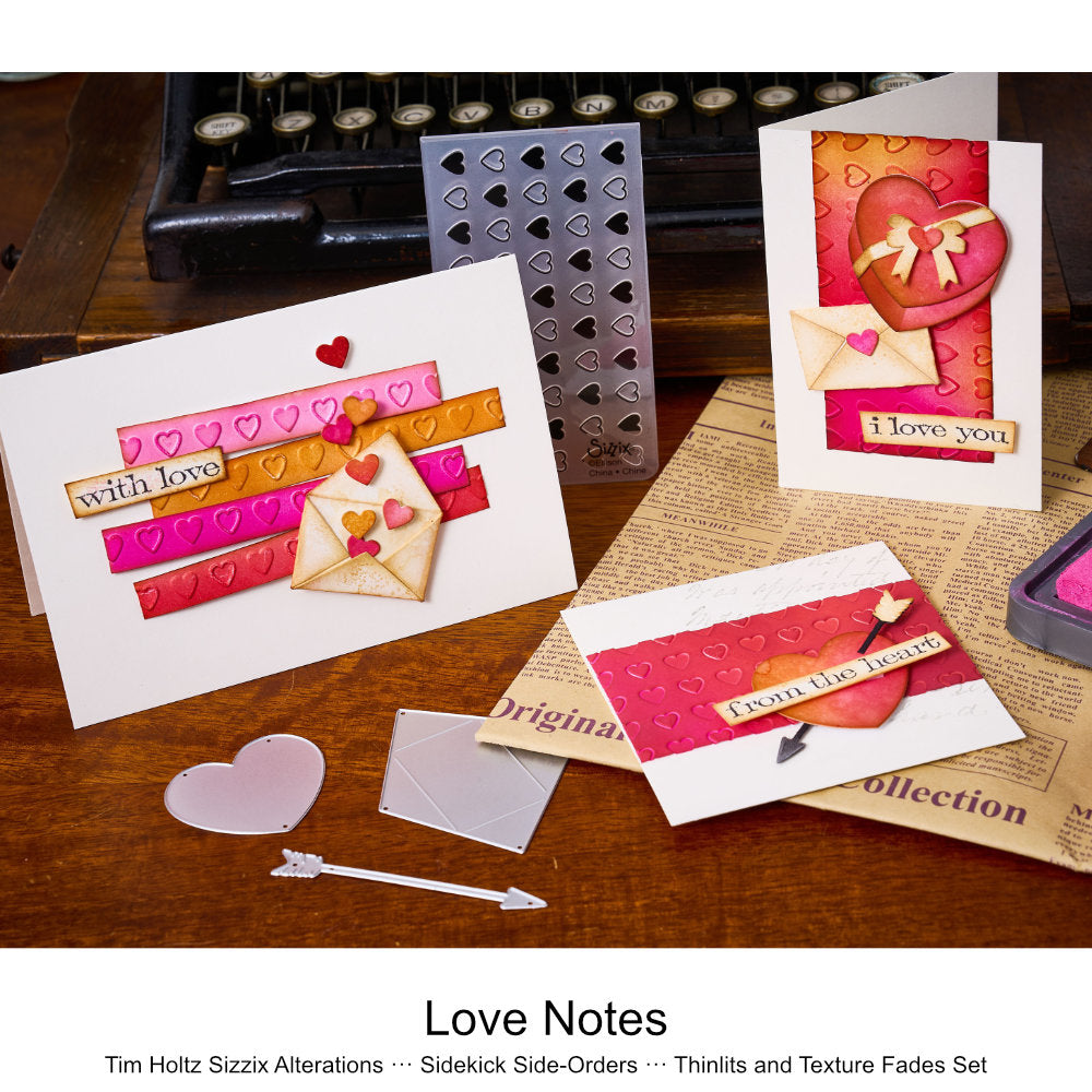 Love Notes - Sidekick SideOrder Set ... by Tim Holtz, made by Sizzix - Thinlits Die Cutting Templates and Texture Fades Embossing Folder for use in mixed media, planners, journaling, cardmaking, scrapbooking and papercrafts (no.666860). Set includes 8 (eight) dies, 1 embossing folder. Image is of the example made by the creative team at Sizzix.
