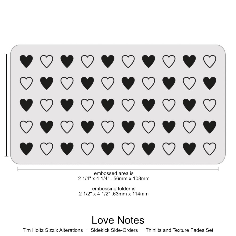 Love Notes - Sidekick SideOrder Set ... by Tim Holtz, made by Sizzix - Thinlits Die Cutting Templates and Texture Fades Embossing Folder for use in mixed media, planners, journaling, cardmaking, scrapbooking and papercrafts (no.666860). Set includes 8 (eight) dies, 1 embossing folder. Image is of the embossing folder with sizes.