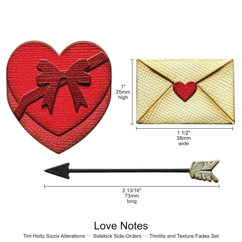 Love Notes - Sidekick SideOrder Set ... by Tim Holtz, made by Sizzix - Thinlits Die Cutting Templates and Texture Fades Embossing Folder for use in mixed media, planners, journaling, cardmaking, scrapbooking and papercrafts (no.666860). Set includes 8 (eight) dies, 1 embossing folder. Image is of the layered pieces with sizes.