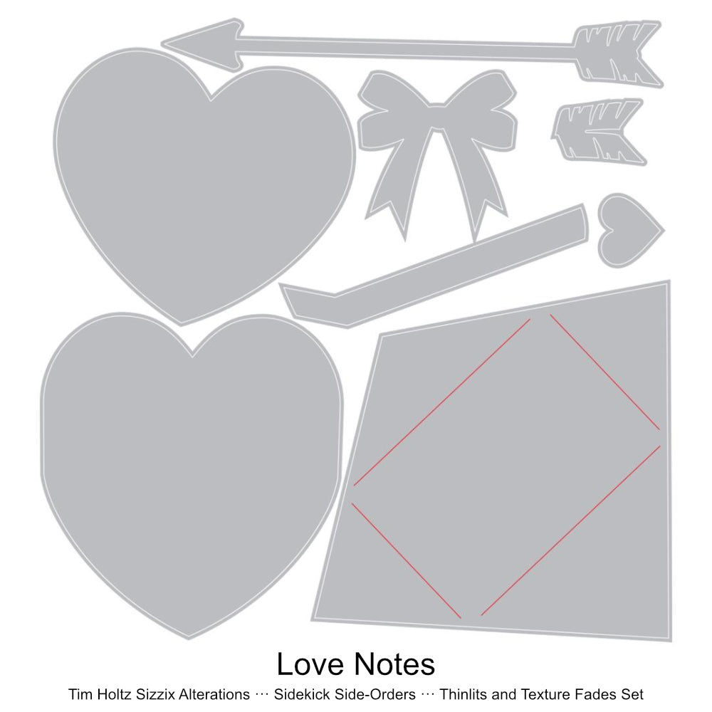 Love Notes - Sidekick SideOrder Set ... by Tim Holtz, made by Sizzix - Thinlits Die Cutting Templates and Texture Fades Embossing Folder for use in mixed media, planners, journaling, cardmaking, scrapbooking and papercrafts (no.666860). Set includes 8 (eight) dies, 1 embossing folder. Image is of the templates.