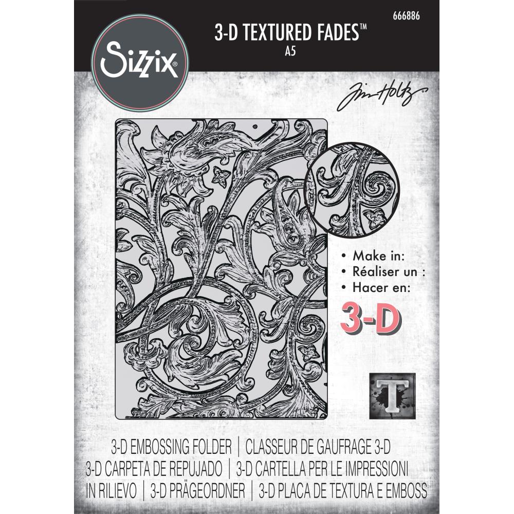 Entangled - Large, A5 (6in x 8.5in) ... 3D Texture Fades Embossing Folder ... by Tim Holtz and Sizzix (no.666886). Create dimensional embossed texture for cards, journal pages, bookmaking, book covers, papercrafts and visual creative arts.
This A5 (6" x 8 1/2", 15cm x 21.5cm) large embossing folder has a beautiful ornate scrollwork design with foliage and swirls over the whole embossing folder.
