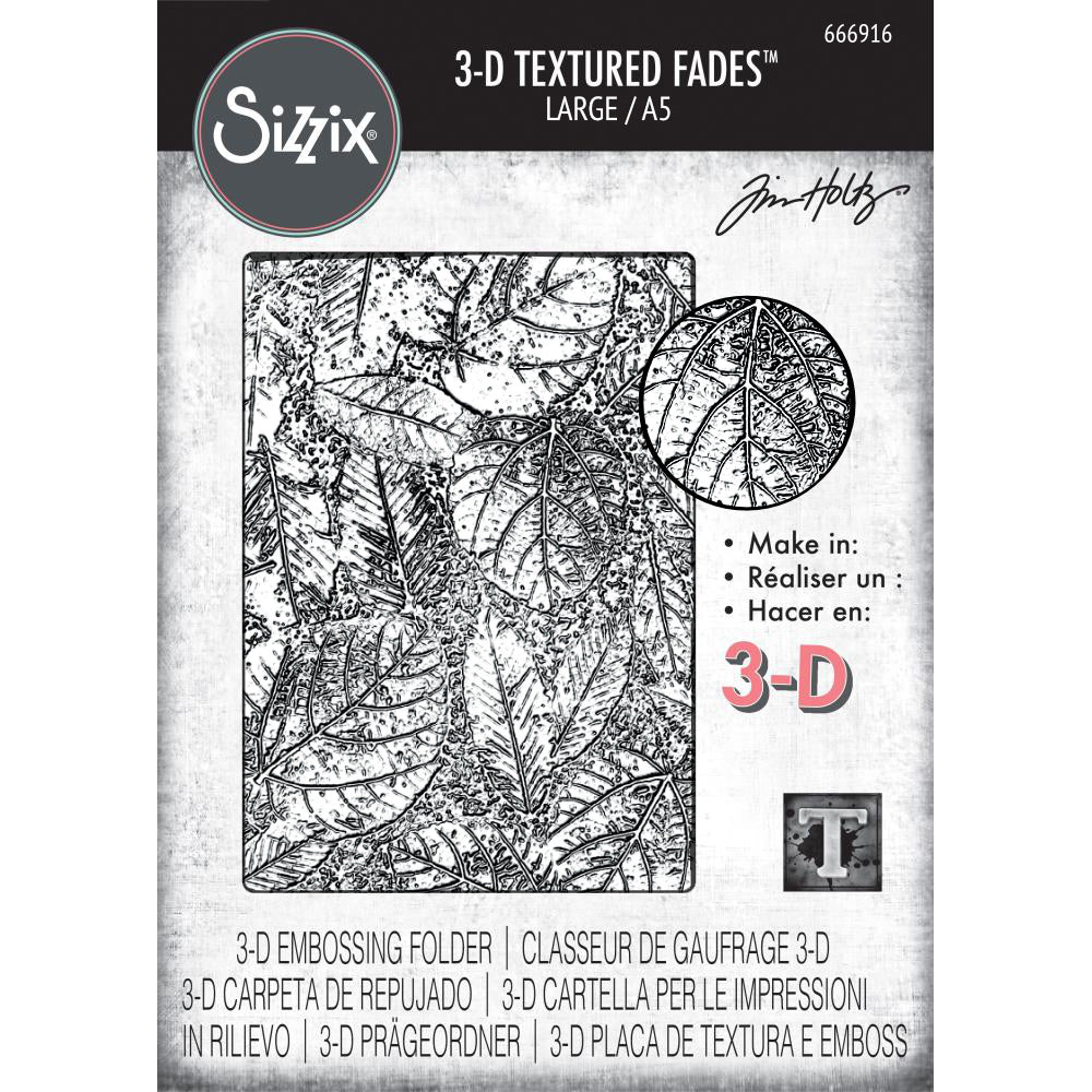Foliage - Large, A5 (6in x 8.5in) ... 3D Texture Fades Embossing Folder ... by Tim Holtz and Sizzix (no.666916). Create dimensional embossed texture for cards, journal pages, bookmaking, book covers, papercrafts and visual creative arts.
This A5 (6" x 8 1/2", 15cm x 21.5cm) large embossing folder has a layered, dimensional realistic leafy forest floor design (beautiful leaves in different sizes and species), all over the embossing folder. This gorgeous design will inspire you to create.