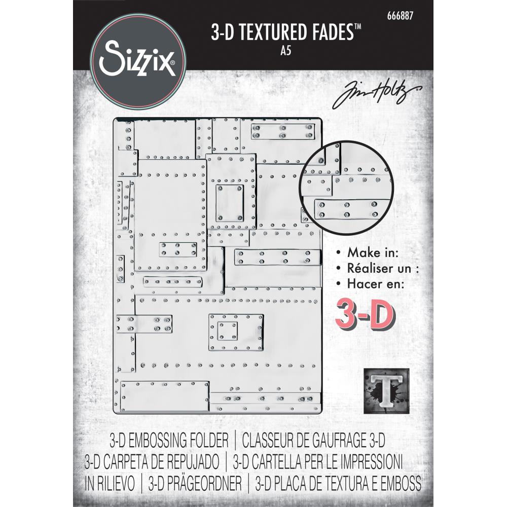 Foundry - Large, A5 (6in x 8.5in) ... 3D Texture Fades Embossing Folder ... by Tim Holtz and Sizzix (no.666887). Create dimensional embossed texture for cards, journal pages, bookmaking, book covers, papercrafts and visual creative arts.
This A5 (6" x 8 1/2", 15cm x 21.5cm) large embossing folder has a wonderful industrial design of rectangle and square metal plates (with borders of bolts) in varying sizes layered together over the whole embossing folder.