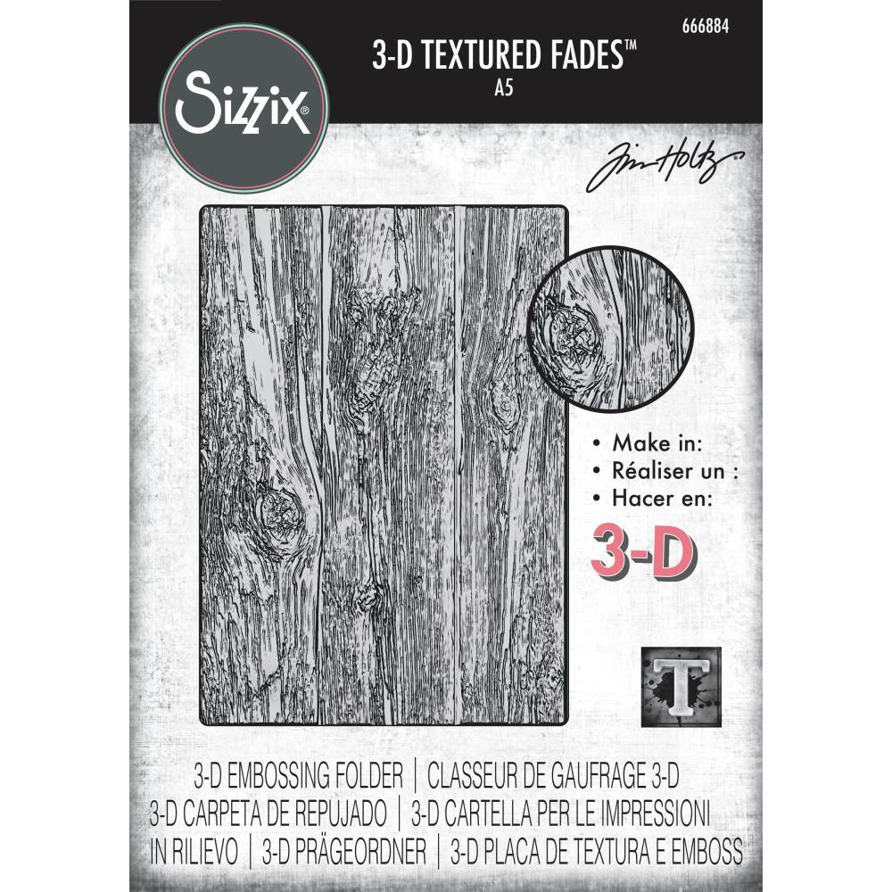 Lumber - Large, A5 (6in x 8.5in) ... 3D Texture Fades Embossing Folder ... by Tim Holtz and Sizzix (no.666884). Create dimensional embossed texture for cards, journal pages, bookmaking, book covers, papercrafts and visual creative arts.
This A5 (6" x 8 1/2", 15cm x 21.5cm) large embossing folder has a layered, dimensional realistic timber wood panel design, with beautiful knots, pattern and grain details along the long length of the embossing folder.