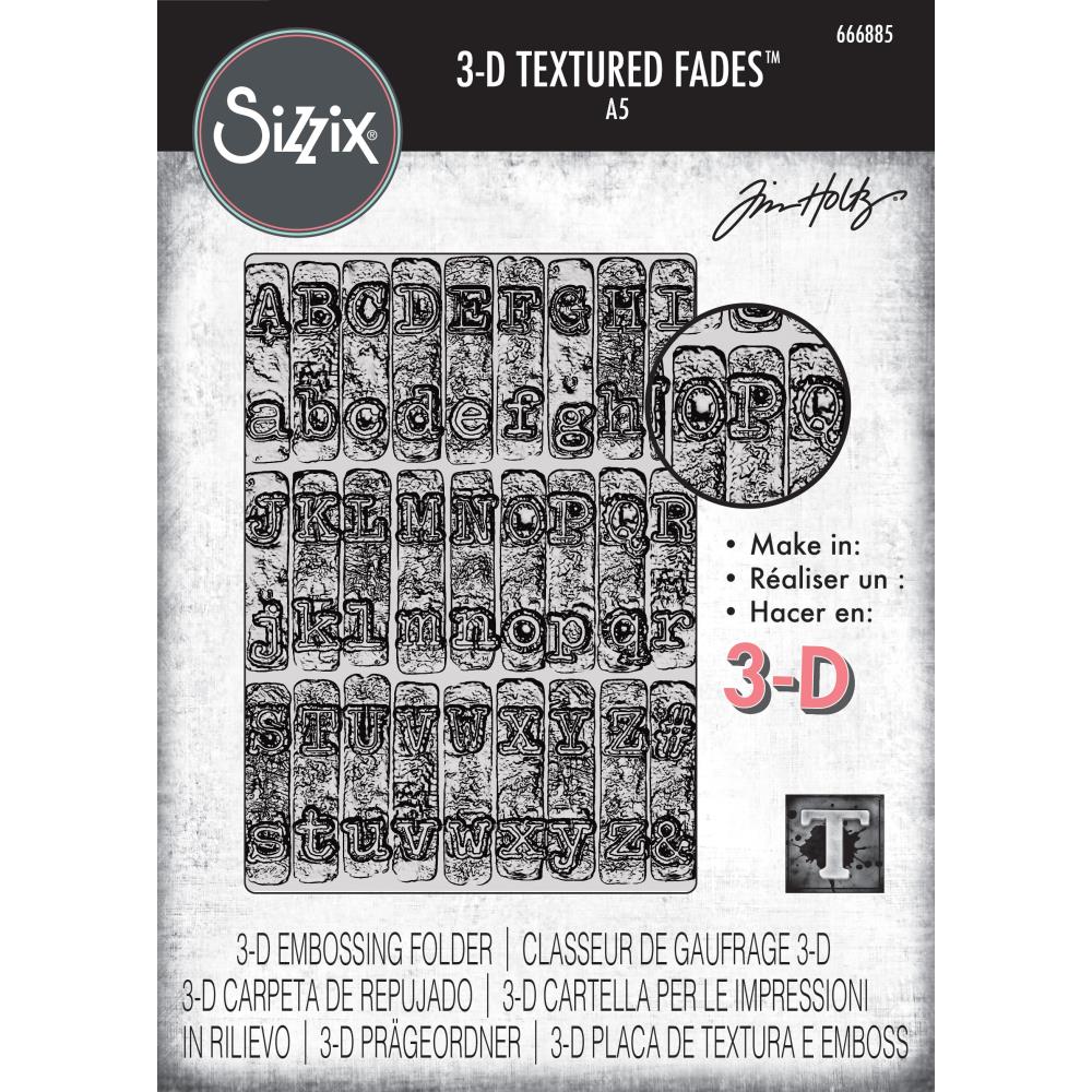 Typewriter - Large, A5 (6in x 8.5in) ... 3D Texture Fades Embossing Folder ... by Tim Holtz and Sizzix (no.666885). Create dimensional embossed texture for cards, journal pages, bookmaking, book covers, papercrafts and visual creative arts.
This A5 (6" x 8 1/2", 15cm x 21.5cm) large embossing folder has the alphabet in upper and lower case, designed to look like the lettering from an old fashioned typewriter, all similar sized font, set out in rows over the whole embossing folder.
