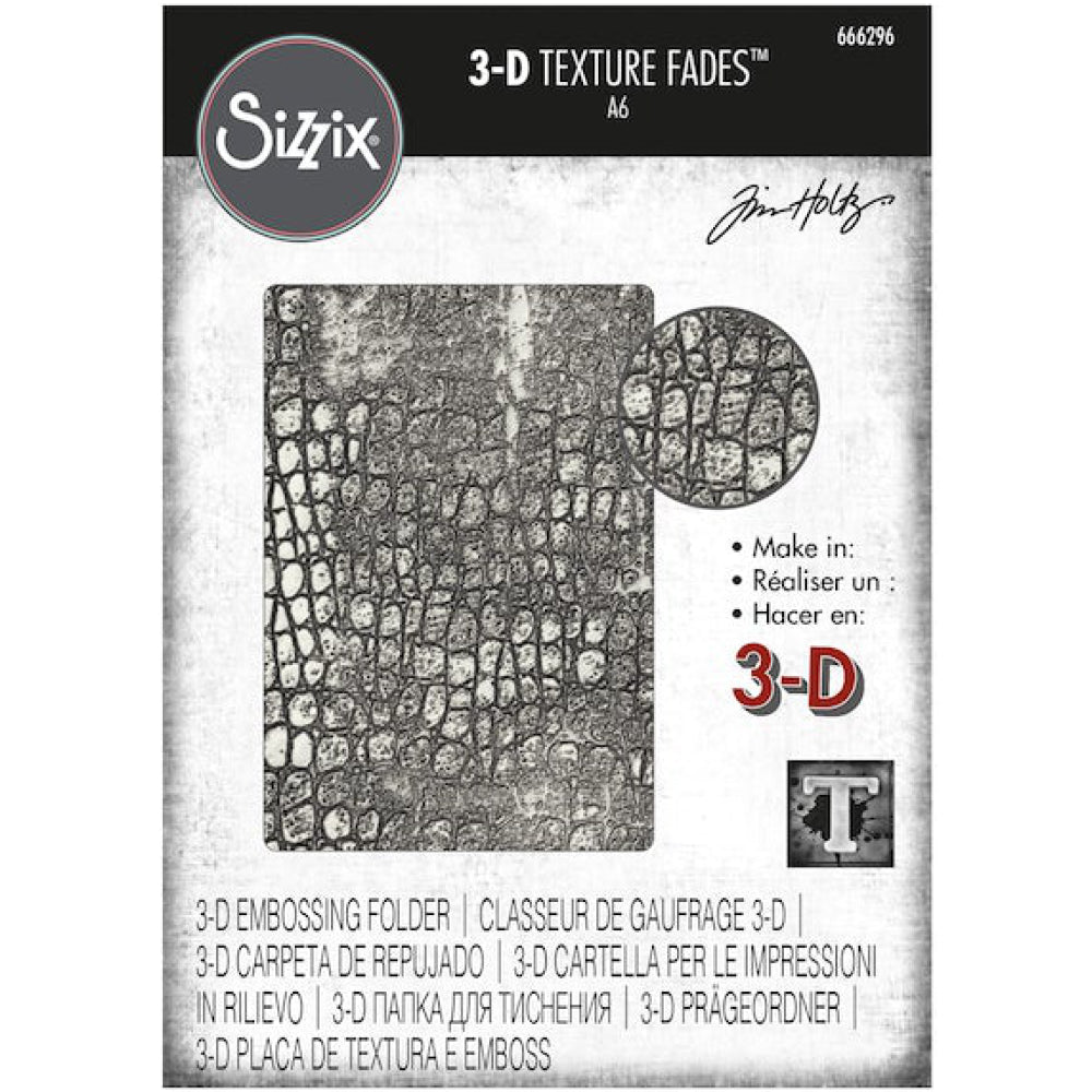Reptile - 3D Texture Fades Embossing Folder ... by Tim Holtz and Sizzix (no.666296). Inspired by nature, this easy to use dimensional embossing folder creates a beautiful realistic goanna, crocodile, alligator (and other reptiles, lizards) pattern over the whole surface of the folder, created with different heights to give fabulous layered effects. Another amazing design from Tim, perfect for cards, journal pages, bookmaking, book covers, papercrafts and visual arts.