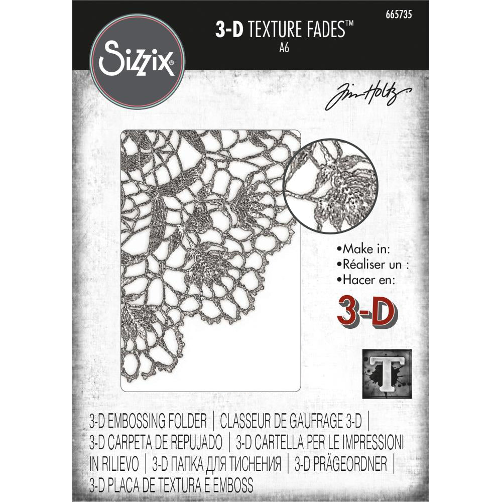 Doily - 3D Texture Fades Embossing Folder ... by Tim Holtz and Sizzix (no.665735). Another amazing design from Tim, perfect for cards, journal pages, bookmaking, book covers, papercrafts and visual arts. This A6 sized embossing folder with a layered, dimensional Doily pattern, is a gorgeous intricate design featuring a close up view of detailed realistic lacework (tatting or needlelace)