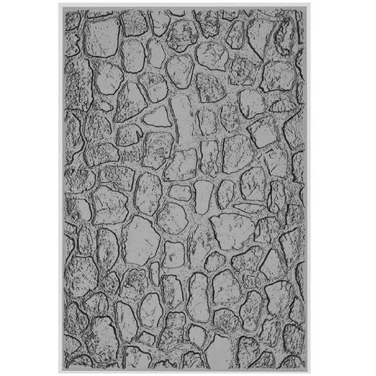 Cobblestones - Large, A5 (6in x 8.5in) ... 3D Texture Fades Embossing Folder ... by Tim Holtz and Sizzix (no.666959). Create dimensional embossed texture for cards, journal pages, bookmaking, book covers, papercrafts and visual creative arts.
This A5 (6" x 8 1/2", 15cm x 21.5cm) large embossing folder has a background of organic realistic flat stones, often seen used in paving, footpaths, garden paths, park tracks and old worlde roads.