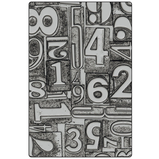 Numbered - Large, A5 (6in x 8.5in) ... 3D Texture Fades Embossing Folder ... by Tim Holtz and Sizzix (no.667081). Create dimensional embossed texture for cards, journal pages, bookmaking, book covers, papercrafts and visual creative arts. This A5 (6" x 8 1/2", 15cm x 21.5cm) large embossing folder has a background of numerals (numbers, digits 0 to 9) in variety of sizes, typestyles and in directions (up down sideways), collaged together in an interesting fun way. A larger embossed area and design to create.