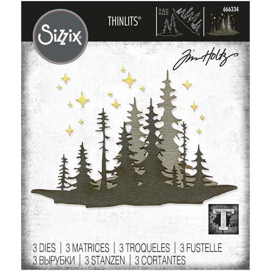 Forest Shadows ... Thinlits Die Cutting Templates by Tim Holtz, made by Sizzix (no.666334). 3 (three) dies to cut out two beautiful landscape scenes of pine trees and a gathering of sparkly looking stars.