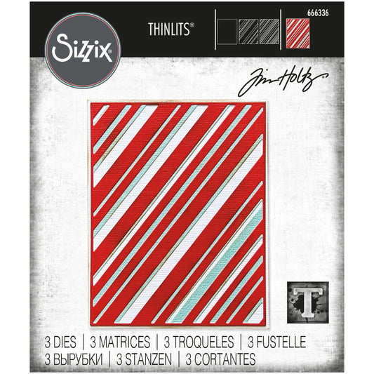 Layered (Diagonal) Stripes ... Thinlits Die Cutting Templates by Tim Holtz, made by Sizzix (no.666336). 3 (three) templates to create multi layered backgrounds of lines and stripes in various thicknesses, each at the same angle.