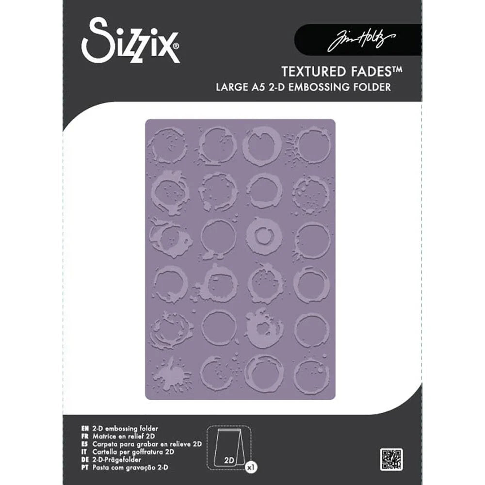 Ringer - Large, A5 (6in x 8.5in) ... Texture Fades Embossing Folder ... by Tim Holtz and Sizzix (no.666915). Create dimension and texture in your artwork using embossed designs on cards, journal pages, bookmaking, book covers, papercrafts and visual creative arts. Size : A5 (6" x 8 1/2", 15cm x 21.5cm). A wonderful organic realistic round watery inky ring splatters over the whole area to inspire you to be creative and make whatever makes you smile,
