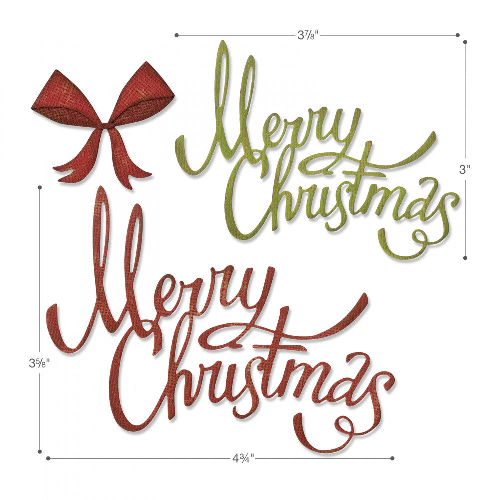 Christmas Ribbon - Sizzix Thinlits die cutting templates by Tim Holtz. A pair of beautifully designed phrases "Merry Christmas" with a lovely bow to cut out of paper, cardstock, lightweight fabric and more for journaling, bookmaking, papercrafts, visual arts and scrapbooking. 4 (four) templates in total (no.664196).