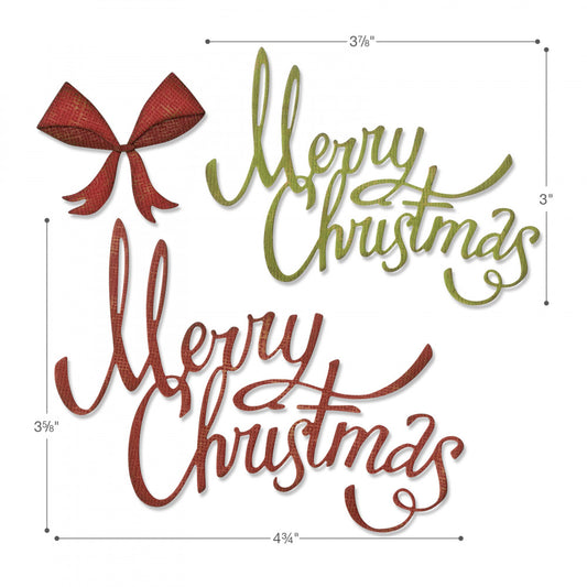 Christmas Ribbon - Sizzix Thinlits die cutting templates by Tim Holtz. A pair of beautifully designed phrases "Merry Christmas" with a lovely bow to cut out of paper, cardstock, lightweight fabric and more for journaling, bookmaking, papercrafts, visual arts and scrapbooking. 4 (four) templates in total (no.664196).