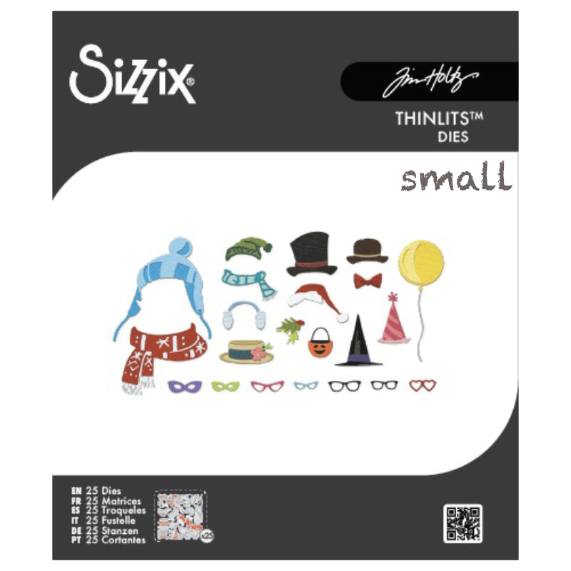 Accessories, Small - Sizzix Colorize Thinlits die cutting templates by Tim Holtz. Create fun colourful beanies, masks and more for your animals, birds, people and critters on pages, cards, tags, scrapbook pages, all kinds of excuses to make more art in any theme, colour, pattern or texture! The designs are from 3/8" x 5/8" to 2 7/8" x 2 3/8" in size (no.667220).
