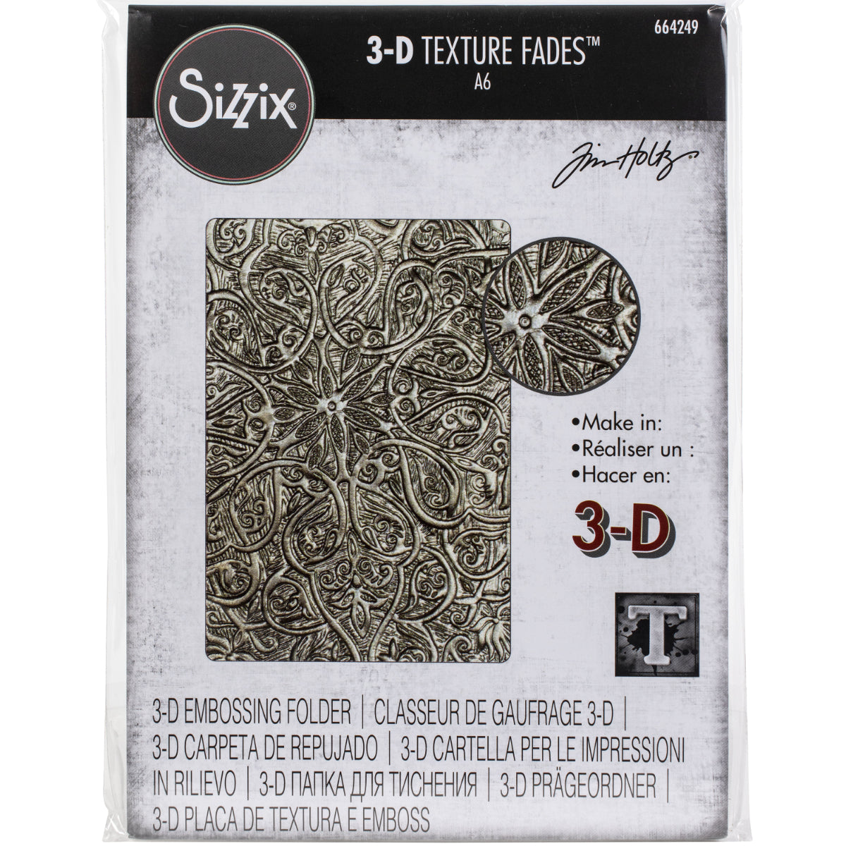 Engraved - 3D Texture Fades Embossing Folder ... by Tim Holtz and Sizzix (no.664249). Another amazing must have design from Tim, perfect for using to create dimensional tactile layers on cards, journal pages, bookmaking, book covers, papercrafts and visual arts.
This A6 sized embossing folder with a layered, dimensional pattern of a beautifully sculpted scrolls and lines covering the whole surface of the embossing folder.