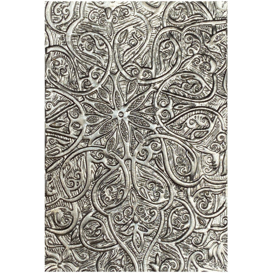 Engraved - 3D Texture Fades Embossing Folder ... by Tim Holtz and Sizzix (no.664249). Another amazing must have design from Tim, perfect for using to create dimensional tactile layers on cards, journal pages, bookmaking, book covers, papercrafts and visual arts.
This A6 sized embossing folder with a layered, decorative pattern of a beautifully sculpted scrolls and lines covering the whole surface of the embossing folder.