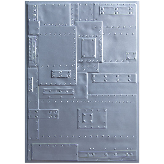 Foundry - 3D Texture Fades Embossing Folder ... by Tim Holtz and Sizzix (no.662717). Another amazing must have design from Tim, perfect for using to create dimensional tactile layers on cards, journal pages, bookmaking, book covers, papercrafts and visual arts.
This A6 sized embossing folder with a layered, panels inspired by metal plate with bolts and pop rivets covering the whole surface of the embossing folder.