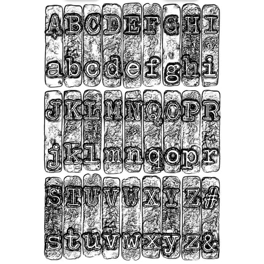 Typewriter - 3D Texture Fades Embossing Folder ... by Tim Holtz and Sizzix (no.664760). Another amazing must have design from Tim, perfect for using to create dimensional tactile layers on cards, journal pages, bookmaking, book covers, papercrafts and visual arts. 
This A6 sized embossing folder has the alphabet in upper and lower case, designed to look like the lettering from an old fashioned typewriter, all similar sized font, set out in rows over the whole embossing folder.