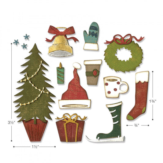 Festive Things - Sizzix Thinlits die cutting templates by Tim Holtz. A wonderful collection of Christmas essentials to cut out of paper, cardstock, lightweight fabric and more for journaling, bookmaking, papercrafts, visual arts and scrapbooking. 12 (twelve) templates in total (no.664191).