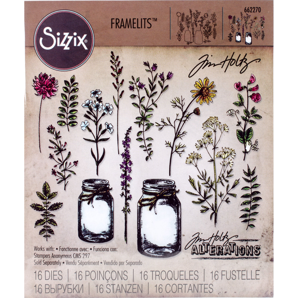 Flower Jar - Framelits Die Cutting Templates ... by Tim Holtz and Sizzix (662270).
Create a gorgeous collection of tiny flowers, leaves and two Mason jars using this very well designed set of die cutting templates. Matches the Tim Holtz Stamp Set, 'Flower Jar' (cms297, also available, sold separately).
The templates in this set cut out the flowers, foliage and two jars with precision and ease, and if you have the matching stamp set , you'll save hours of fussy cutting .