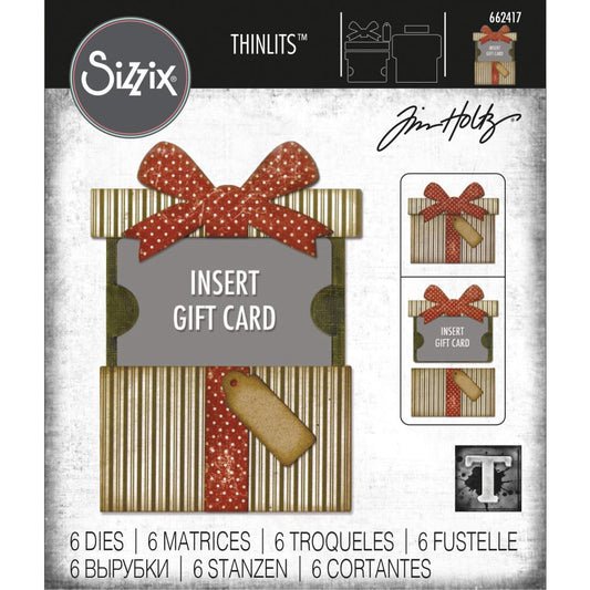 Gift Card - Sizzix Thinlits die cutting templates by Tim Holtz (662417). Use this set of dies to create personalised gift-voucher envelopes or pockets out of paper, cardstock, lightweight fabric and more for friends, family or for journaling, bookmaking, papercrafts, visual arts and scrapbooking. 6 (six) templates in total. Use to make scrapbook layers, junk journal pockets, fun interactive greeting cards. Photo of cover.