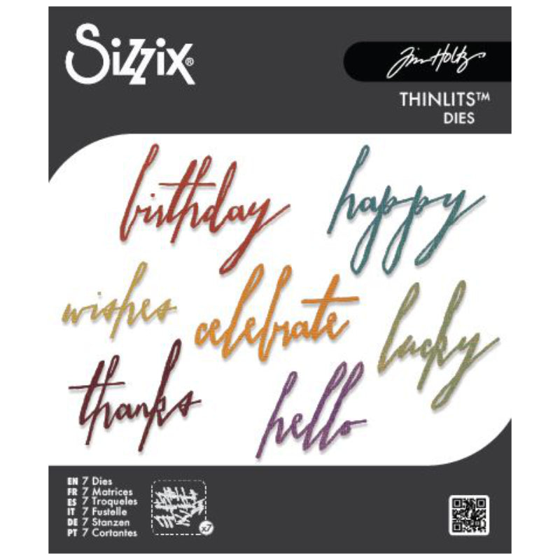Handwritten Celebrate - Sizzix Thinlits die cutting templates by Tim Holtz. Text based die cutting designs in wonderful freestyle handwriting with words for all kinds of excuses to create. 7 (seven) dies in total with sizes from 1 3/4" x 1 1/2" wide to 1 3/4" x 2 1/2" wide (no.660215). Words in this set are ...
birthday, happy. wishes, celebrate, lucky, thanks, hello.
... in a typestyle that has the look of being written by hand in a cursive script.