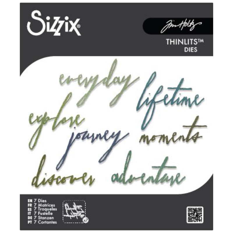 Handwritten Journey - Sizzix Thinlits die cutting templates by Tim Holtz. Text based die cutting designs in wonderful freestyle handwriting with words for all kinds of excuses to create. 7 (seven) dies in total with sizes from 1 5/8" x 2 5/8" wide to 1 7/8" x 2 7/8" wide (no.660217). Words in this set are - everyday, lifetime, explore, journey, moments, discover, adventure.
... in a typestyle that has the look of being written by hand in a cursive script.