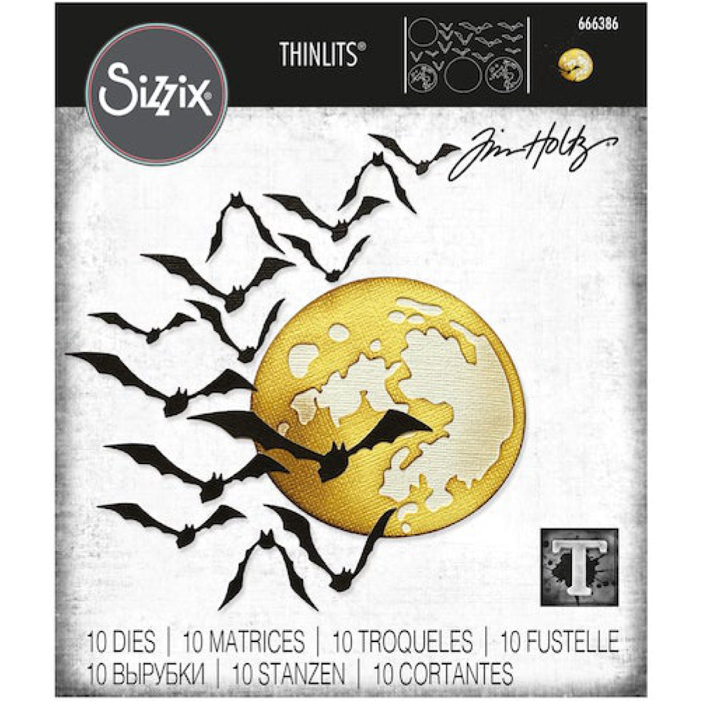 Moonlight ... Thinlits Die Cutting Templates by Tim Holtz, made by Sizzix (no.666386). 10 (ten) designs to cut out moons in 2 sizes (round bases with cutout craters) with a flock of flying bats. This fabulous flock of bats are so tricky, they look like they're flying towards us as well as away from us - its all a matter of perspective! The beautiful moon designs (2 sizes) is made of 2 circles and 2 textured pieces.