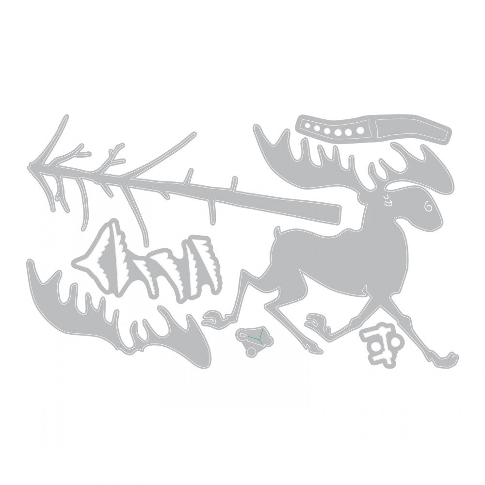 Merry Moose - Sizzix Thinlits die cutting templates by Tim Holtz. A fabulous moose with large antlers and beautiful neckband and a tall pine tree to cut out of paper, cardstock, lightweight fabric and more for journaling, bookmaking, papercrafts, visual arts and scrapbooking. 7 (seven) templates in total (no.663103).