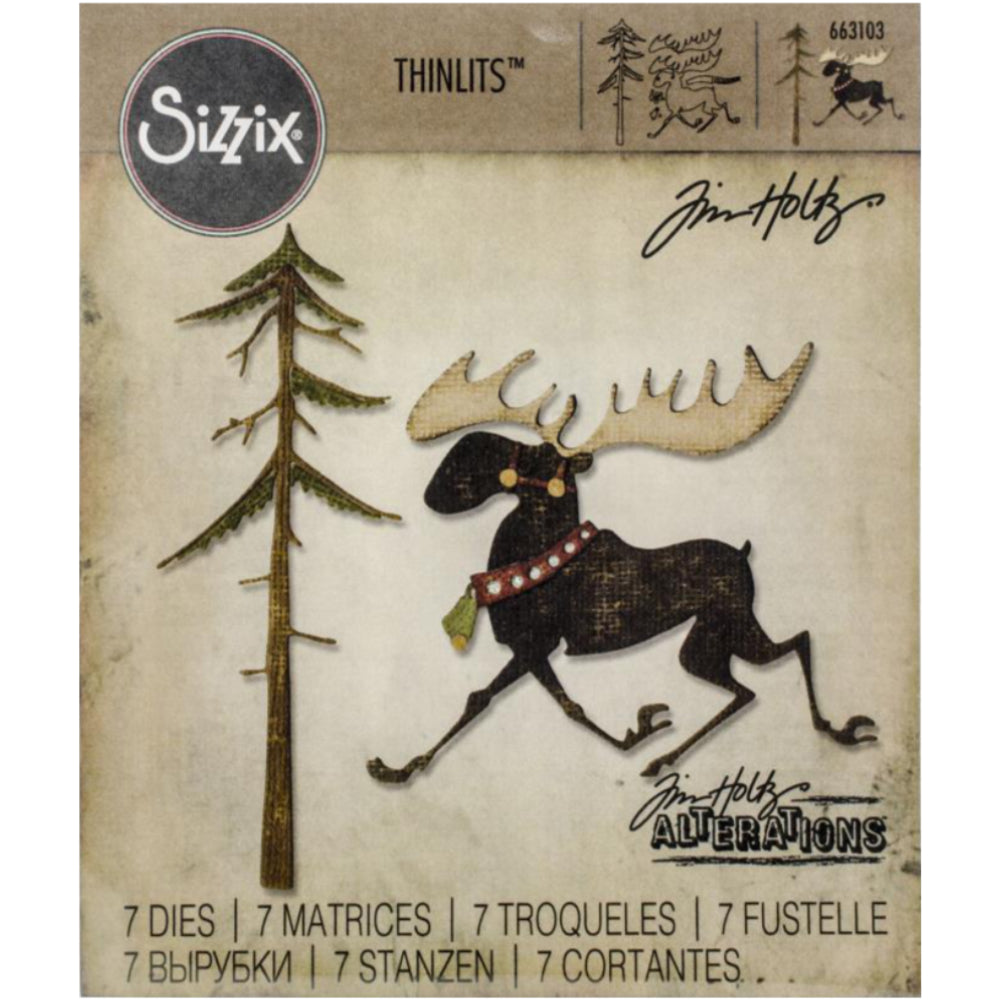 Merry Moose - Sizzix Thinlits die cutting templates by Tim Holtz. A fabulous moose with large antlers and beautiful neckband and a tall pine tree to cut out of paper, cardstock, lightweight fabric and more for journaling, bookmaking, papercrafts, visual arts and scrapbooking. 7 (seven) templates in total (no.663103).