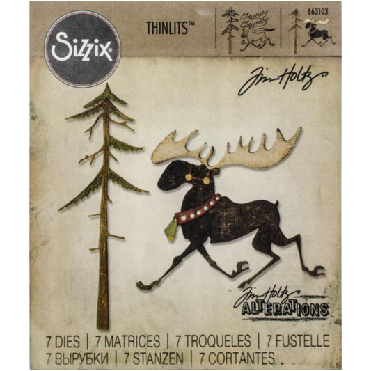 Merry Moose - Sizzix Thinlits die cutting templates by Tim Holtz. A fabulous moose with large antlers and beautiful neckband and a tall pine tree to cut out of paper, cardstock, lightweight fabric and more for journaling, bookmaking, papercrafts, visual arts and scrapbooking. 7 (seven) templates in total (no.663103).