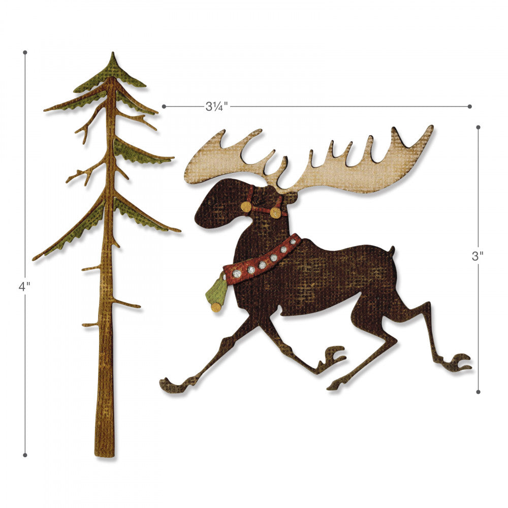 Merry Moose - Sizzix Thinlits die cutting templates by Tim Holtz. A fabulous moose with large antlers and beautiful neckband and a tall pine tree to cut out of paper, cardstock, lightweight fabric and more for journaling, bookmaking, papercrafts, visual arts and scrapbooking. 7 (seven) templates in total (no.663103).