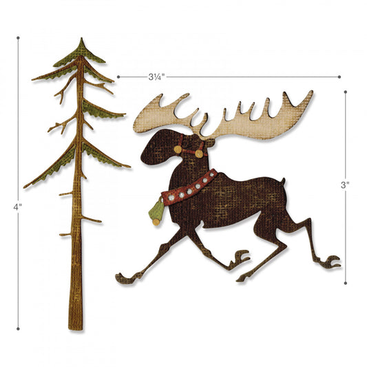 Merry Moose - Sizzix Thinlits die cutting templates by Tim Holtz. A fabulous moose with large antlers and beautiful neckband and a tall pine tree to cut out of paper, cardstock, lightweight fabric and more for journaling, bookmaking, papercrafts, visual arts and scrapbooking. 7 (seven) templates in total (no.663103).