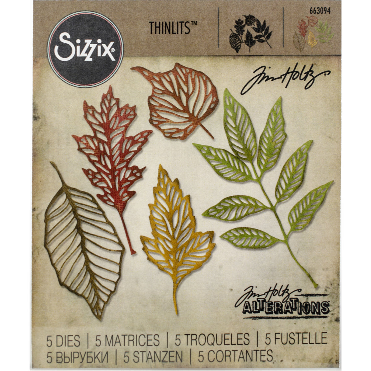 Skeleton Leaves - Sizzix Thinlits die cutting templates by Tim Holtz. Autumn leaves after they've been dropped on the ground for a while ... beautiful leafy designs to cut out of paper, cardstock, lightweight fabric and more for journaling, bookmaking, papercrafts, visual arts and scrapbooking. 5 (five) templates in total (no.663094). Use these beautiful detailed leaves which have their veins showing on tags, labels, banners, tickets, stationery pieces, journal fodder, junk journal pages, scrapbooking pages