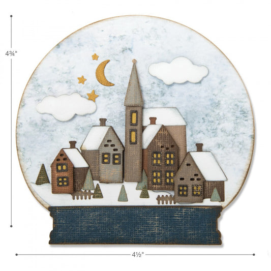 Snowglobe 2 - Sizzix Thinlits die cutting templates by Tim Holtz (no.662421). Use this set of dies to create personalised cards and beautiful scenes out of paper, cardstock, lightweight fabric and more for friends, family or for journaling, bookmaking, papercrafts, visual arts and scrapbooking. 26 (twenty six) templates in total. Made a village scene inside a dome with base, various shaped buildings. Make as an interactive shaker card in any season you wish!
