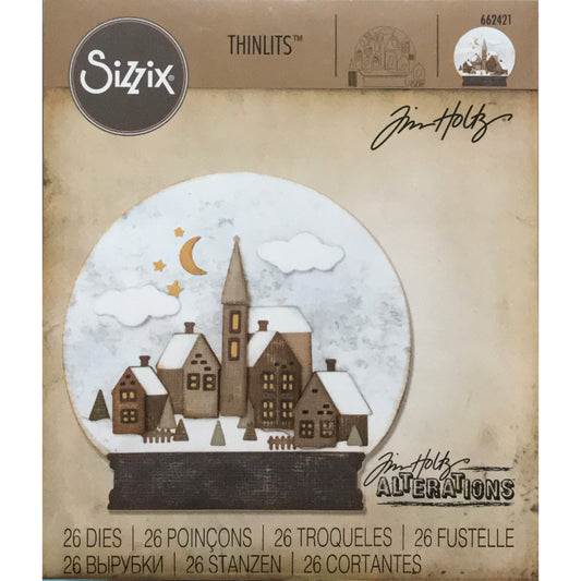 Snowglobe 2 - Sizzix Thinlits die cutting templates by Tim Holtz (no.662421). Use this set of dies to create personalised cards and beautiful scenes out of paper, cardstock, lightweight fabric and more for friends, family or for journaling, bookmaking, papercrafts, visual arts and scrapbooking. 26 (twenty six) templates in total. Made a village scene inside a dome with base, various shaped buildings. Make as an interactive shaker card in any season you wish!