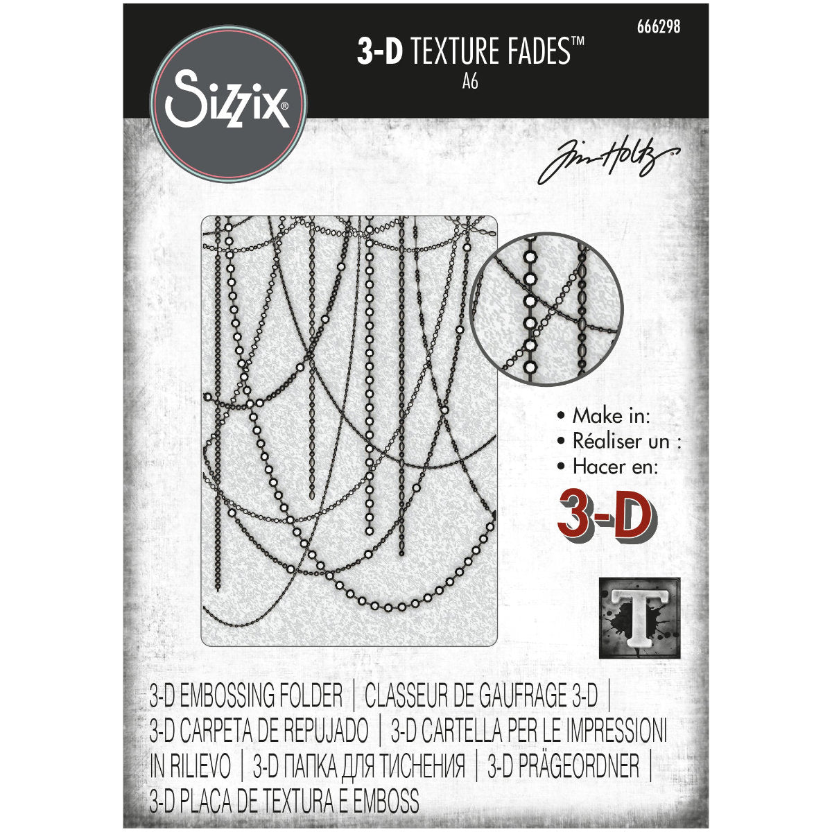 Sparkle - 3D Texture Fades Embossing Folder ... by Tim Holtz and Sizzix (no.666298). Inspired by chandeliers, fine jewellery and hanging decorations, this beautiful pattern of linked chains in a variety of styles and sizes, are looped over the whole surface of the folder, created with different heights to give fabulous layered effects. Another amazing design from Tim, perfect for cards, journal pages, bookmaking, book covers, papercrafts and visual arts.