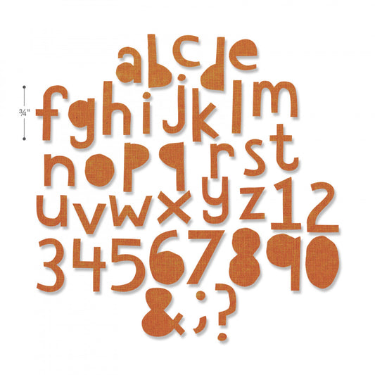 Cut Out Lower - Sizzix Thinlits die cutting templates by Tim Holtz. Use this wonderfully quirky alphabet to create words, thoughts and quotes out of kraftstock, cardstock, felt and paper for journaling, bookmaking, papercrafts, visual arts and scrapbooking. 102 templates of lower case letters, numbers and punctuation, with multiples of most characters (no.663074). showing the size