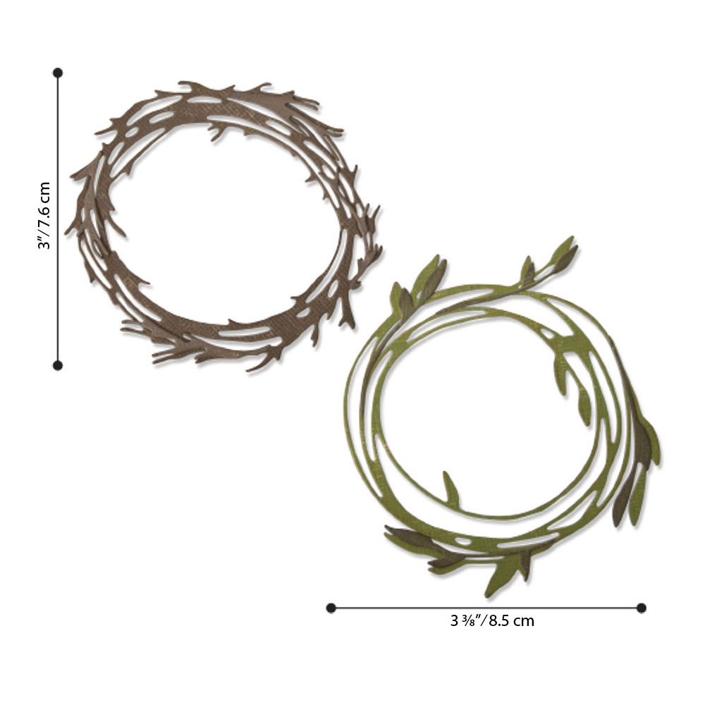 Funky Wreaths ... Thinlits - Die Cutting Templates by Tim Holtz and Sizzix (prodoct id 664434).
Imagine adding many layers into your project with ease! Create depth, colour variations and 3D elements without spending hours fussy cutting with scissors.
This set features two different kinds of wreaths, rings of branches, leaves and twigs!