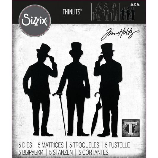 Gentlemen - Sizzix Thinlits die cutting templates by Tim Holtz. Use these three gents and their brolly and walking-cane to create layered dimensional makes out of paper, cardstock, lightweight fabric and more for journaling, bookmaking, papercrafts, visual arts and scrapbooking. 5 (five) templates of silhouette people wearing top hats in various poses with 1 walking stick and 1 folded up umbrella (no.666286).