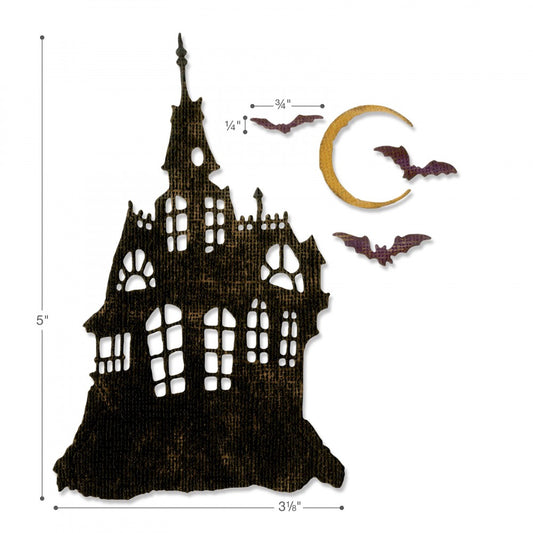 Haunted House - Sizzix Thinlits die cutting templates by Tim Holtz. Use the house, moon and flying bats to create layered dimensional makes out of paper, cardstock, lightweight fabric and more for journaling, bookmaking, papercrafts, visual arts and scrapbooking. 3 (three) templates an old rustic house with arched windows and steeple, trio of bats and crescent moon (no.662378). This set of Thinlits (from the vault) includes designs that will enable you create Halloween inspired projects, party invitations.