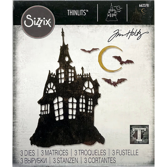 Haunted House - Sizzix Thinlits die cutting templates by Tim Holtz. Use the house, moon and flying bats to create layered dimensional makes out of paper, cardstock, lightweight fabric and more for journaling, bookmaking, papercrafts, visual arts and scrapbooking. 3 (three) templates an old rustic house with arched windows and steeple, trio of bats and crescent moon (no.662378).
This set of Thinlits (from the vault) includes designs that will enable you create Halloween inspired projects, party invitations.
