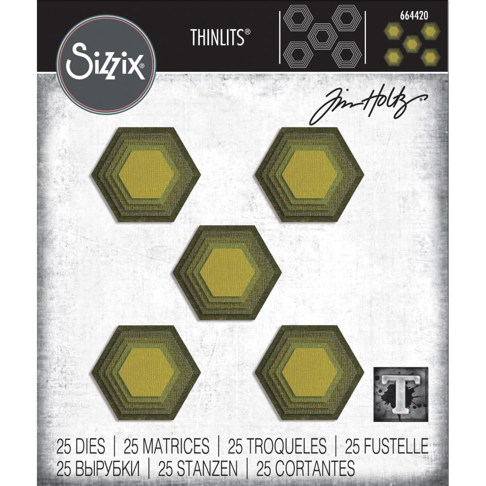 Stacked Tiles - Hexagons ... Thinlits - Die Cutting Templates by Tim Holtz and Sizzix (prodoct id 664420).
Stacked Hexagon Tiles are 6-sided geometric shaped Thinlits Die Cutting Templates that are able to be used for cutting out single shape or up to 25 shapes at once - the same shape in 5 sizes (there are 5 of each size for multiple compartment making).