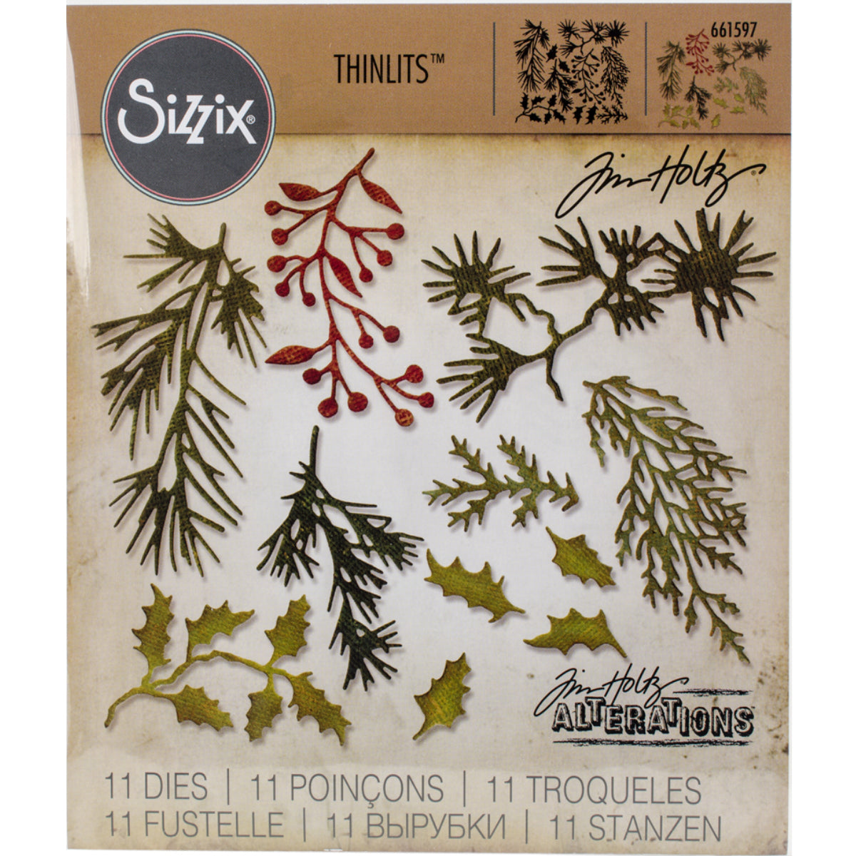 Holiday Greens, Mini - Sizzix Thinlits die cutting templates by Tim Holtz. Holly, pine, berries and other foliage designs to cut out of paper, cardstock, lightweight fabric and more for journaling, bookmaking, papercrafts, visual arts and scrapbooking. 11 (eleven) templates in total (no.661597). Use these beautiful detailed leaves, sprigs, berries and branches on tags, labels, banners, tickets, stationery pieces, journal fodder, junk journal pages, scrapbooking elements and much more.